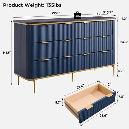 Modern Flute 6 Drawers Dresser with Gold Accents
