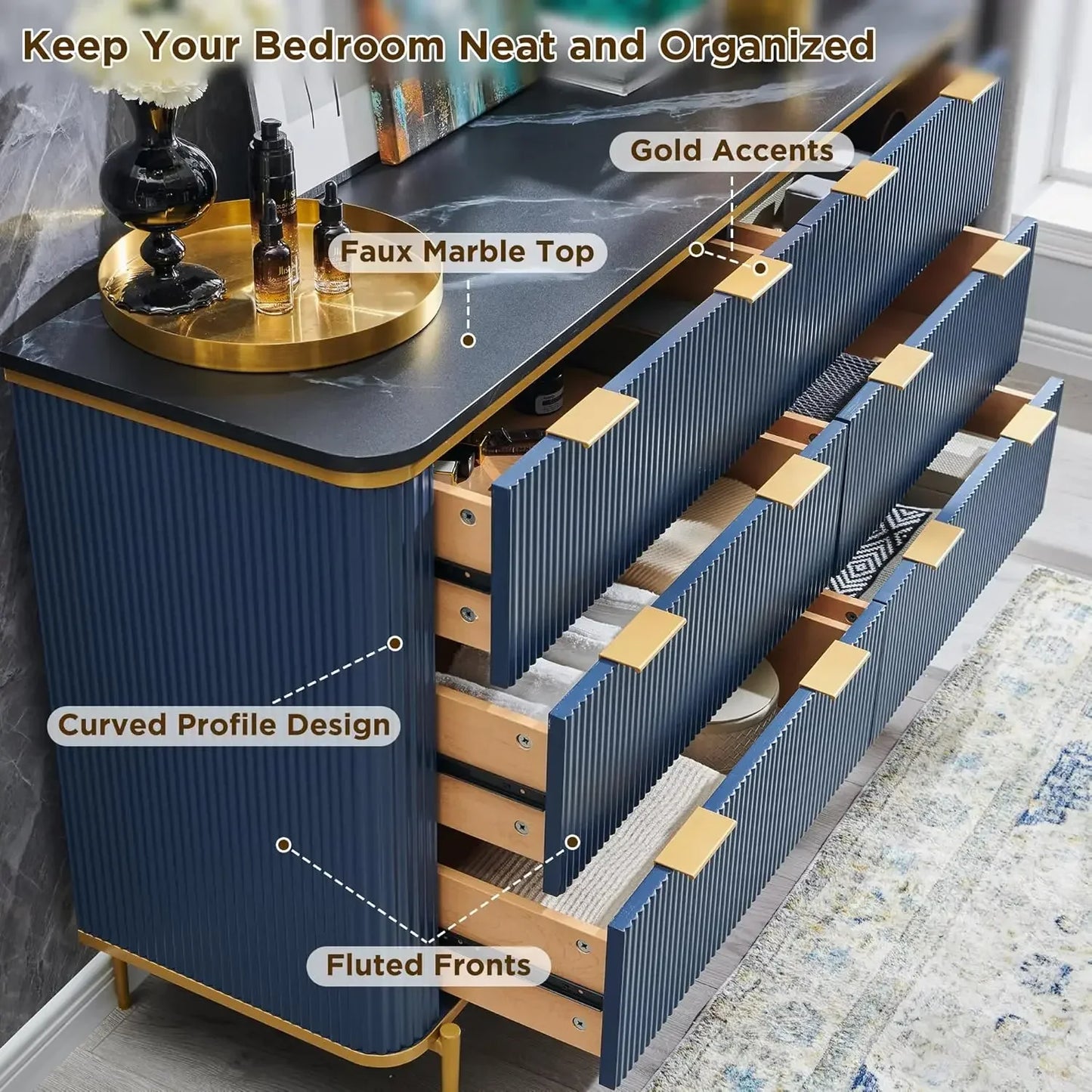 Modern Flute 6 Drawers Dresser with Gold Accents