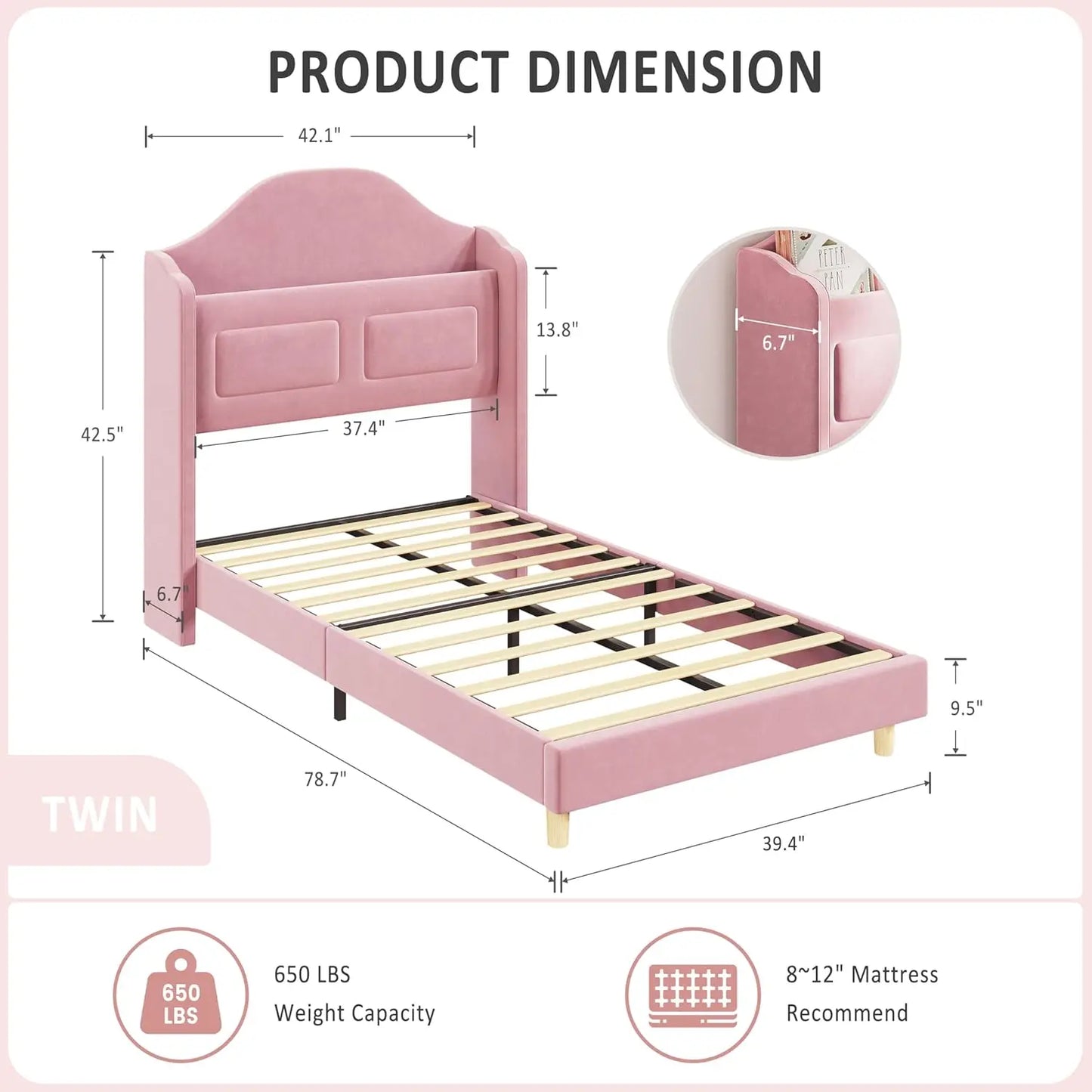 Velvet Platform Twin Bed Frame with LED Lights