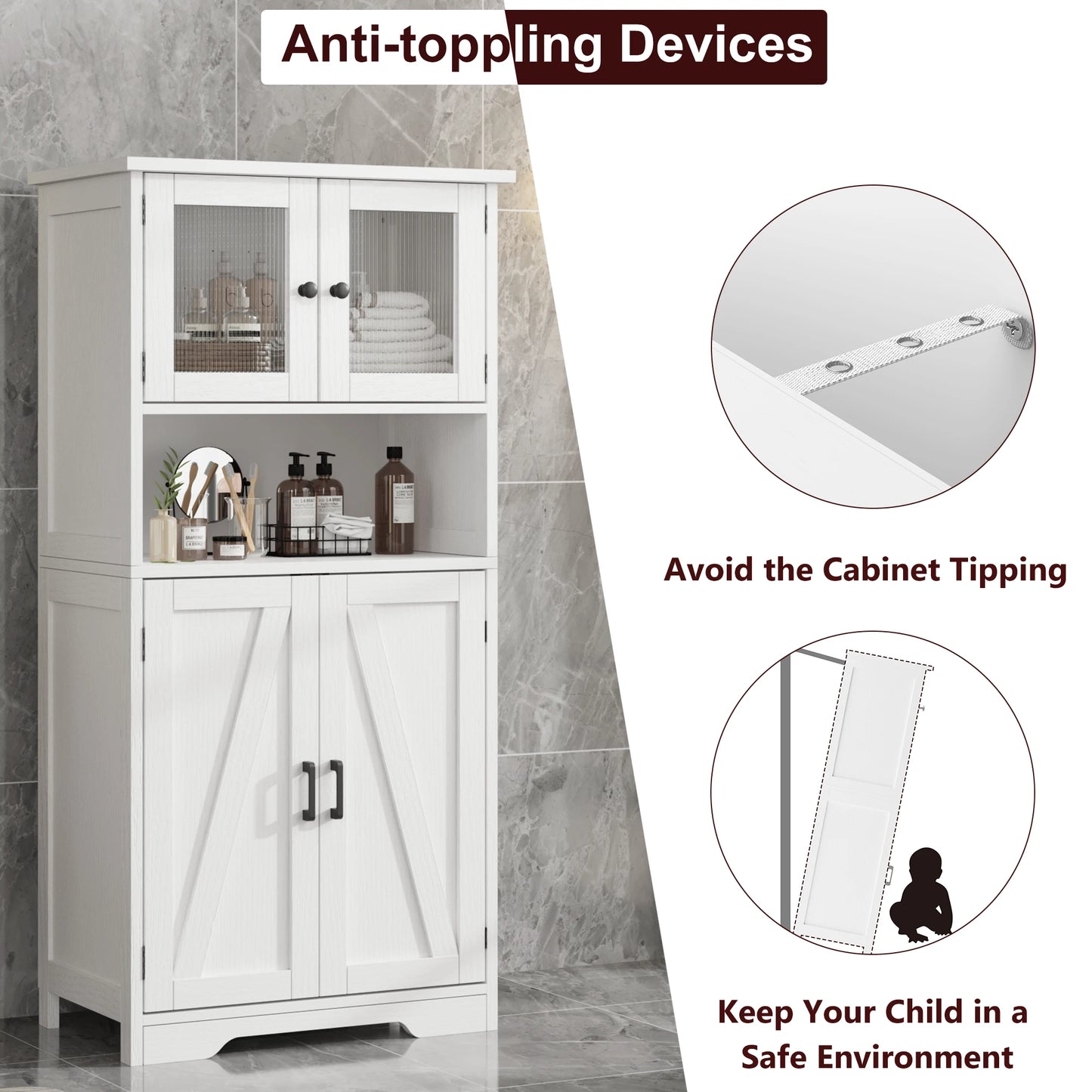 Kitchen Pantry Cupboard with Tempered Glass Doors