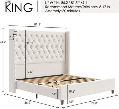 Velvet Deep Button Tufted King Platform Bed Frame
