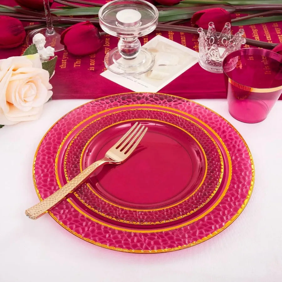 150 PCS-Red and Gold Disposable Plate Set