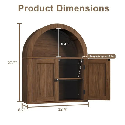 Arched Wall Cabinet, Bathroom Cabinet Wall Mount Over The Toilet with Display Shelf, Double Door Medicine Cabinet, Wooden Stora