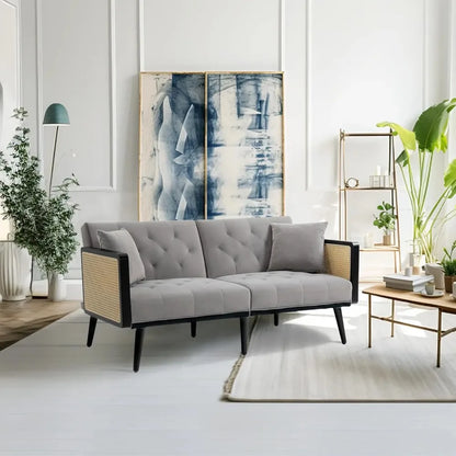 Velvet Loveseat Sofa with Rattan Armrests and 2 Pillows, Modern Convertible