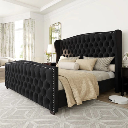 Velvet Upholstered Queen Size Platform Bed Frame