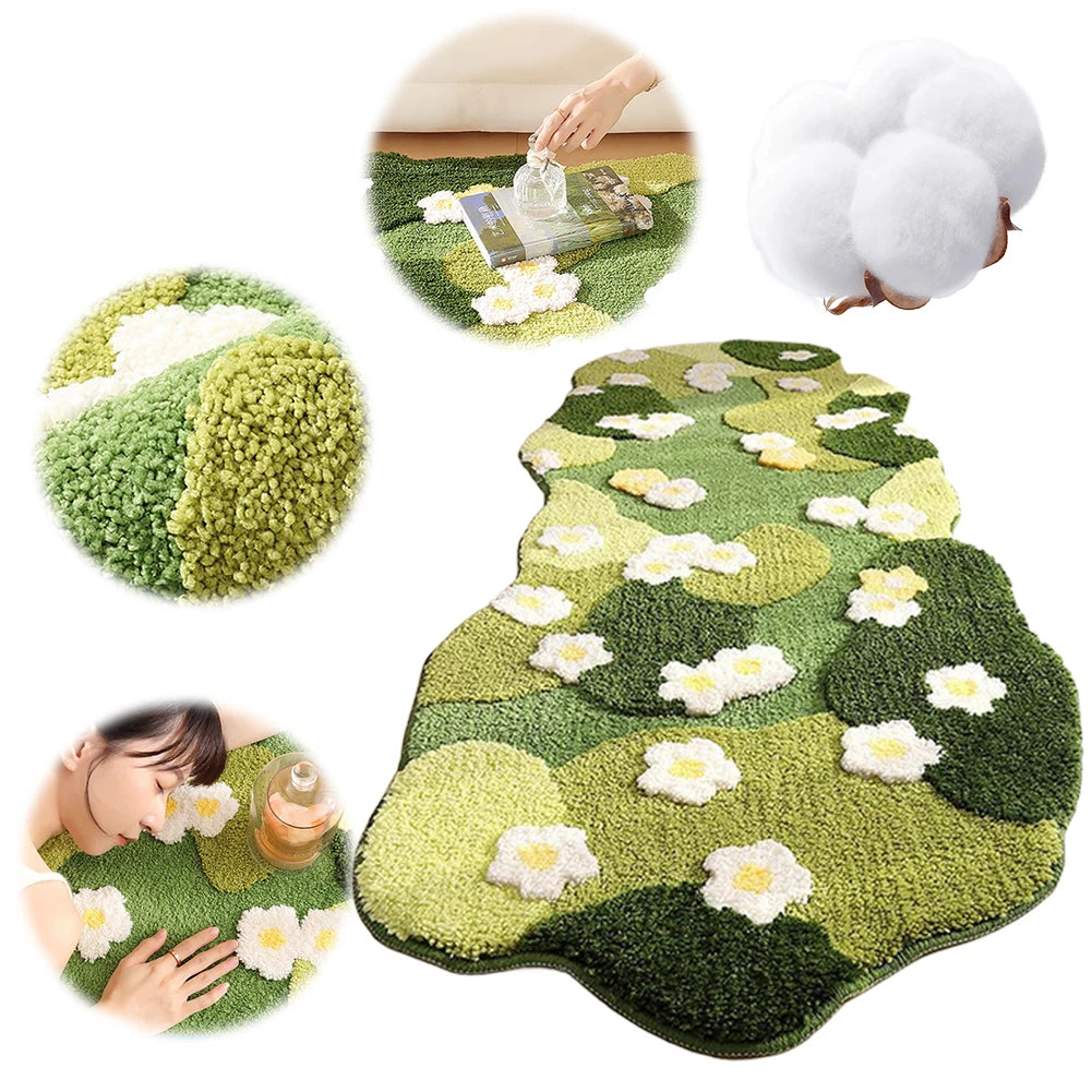 Plush Three-Dimensional Moss Green flower Area Rug