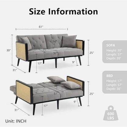 Velvet Loveseat Sofa with Rattan Armrests and 2 Pillows, Modern Convertible