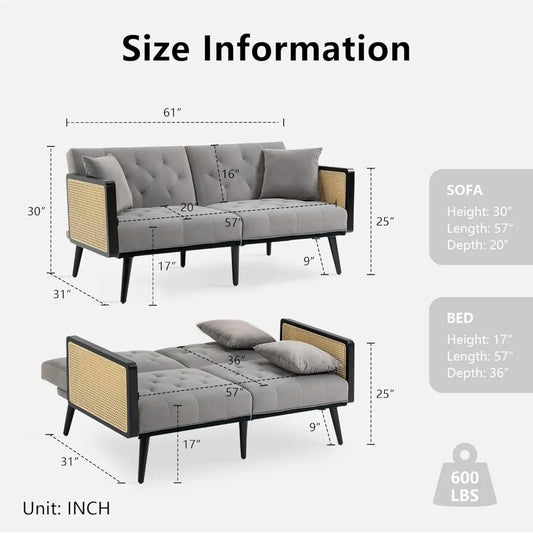Velvet Loveseat Sofa with Rattan Armrests and 2 Pillows, Modern Convertible