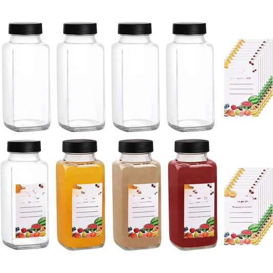 8oz Glass Juice Bottles with Black Lids & Labels-8 Pack