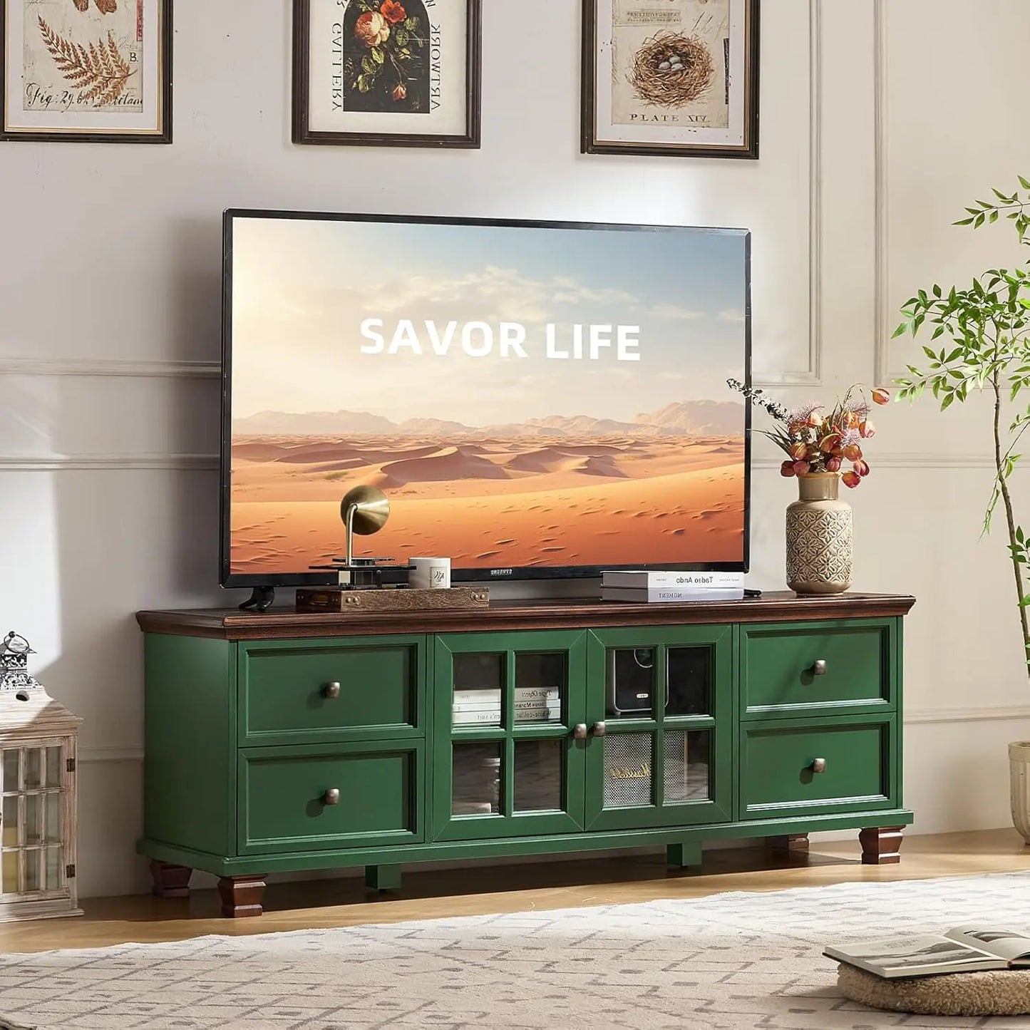 Modern Green TV Stand for with 4 Drawers