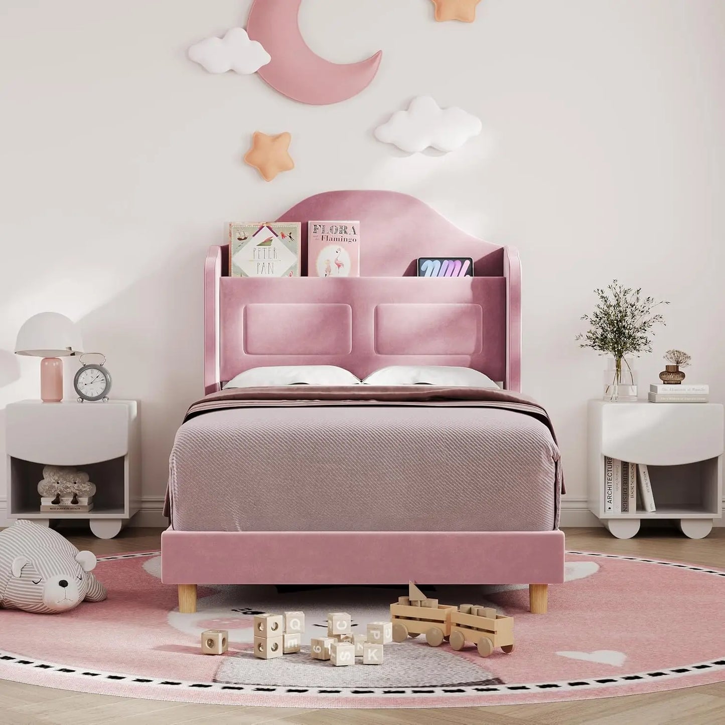 Velvet Platform Twin Bed Frame with LED Lights