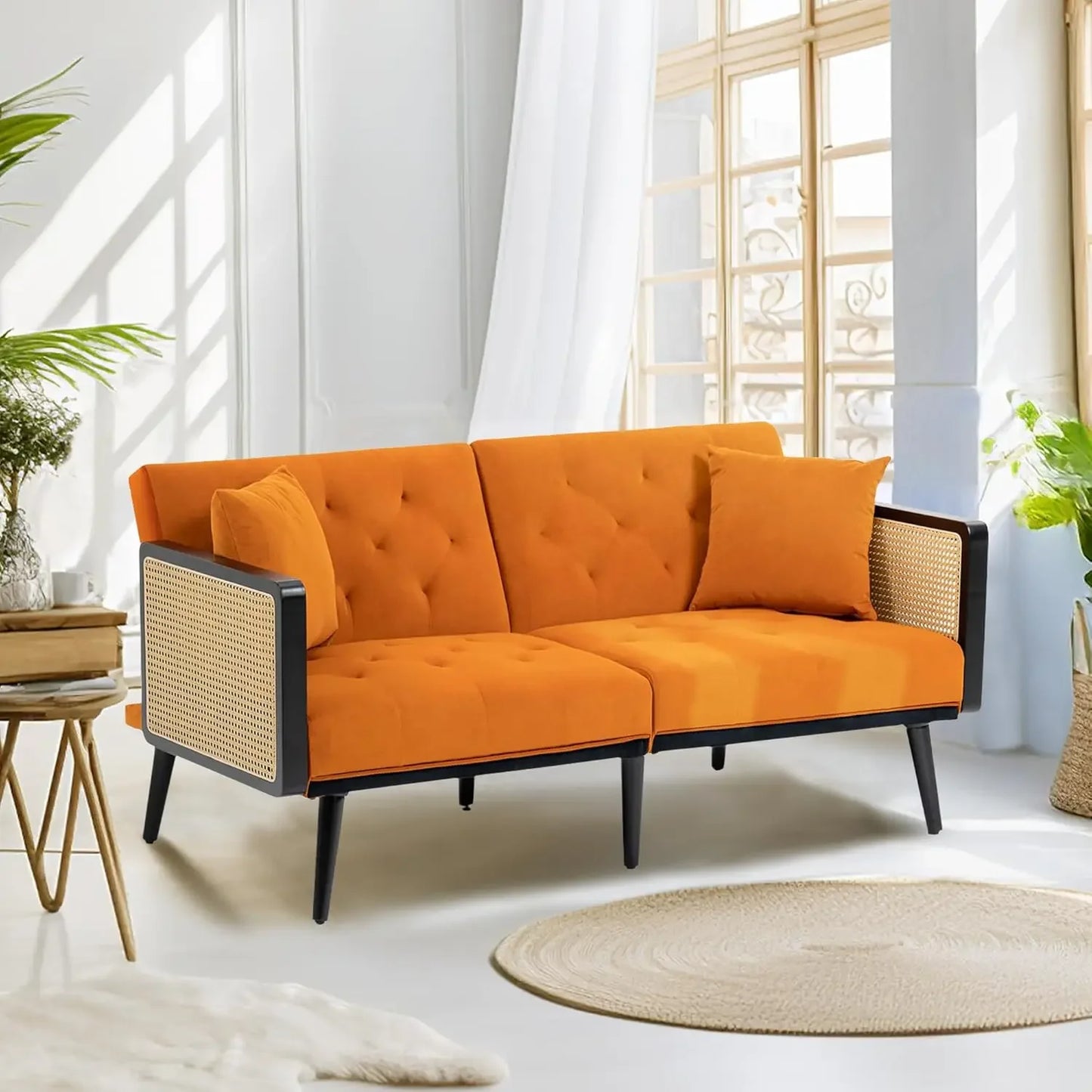 Velvet Loveseat Sofa with Rattan Armrests and 2 Pillows, Modern Convertible