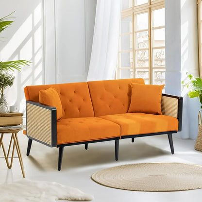 Velvet Loveseat Sofa with Rattan Armrests and 2 Pillows, Modern Convertible