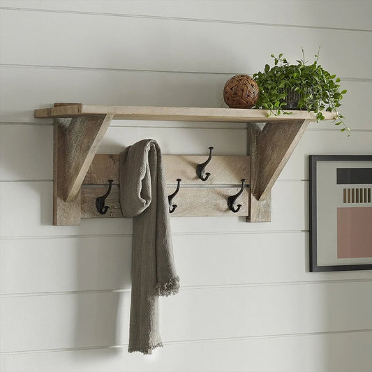 Mango Wood Entryway Organizer with 5 Double Hooks