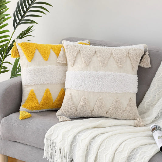 Bohemian Pillow Cover Beige with Fringe for Home Decoration