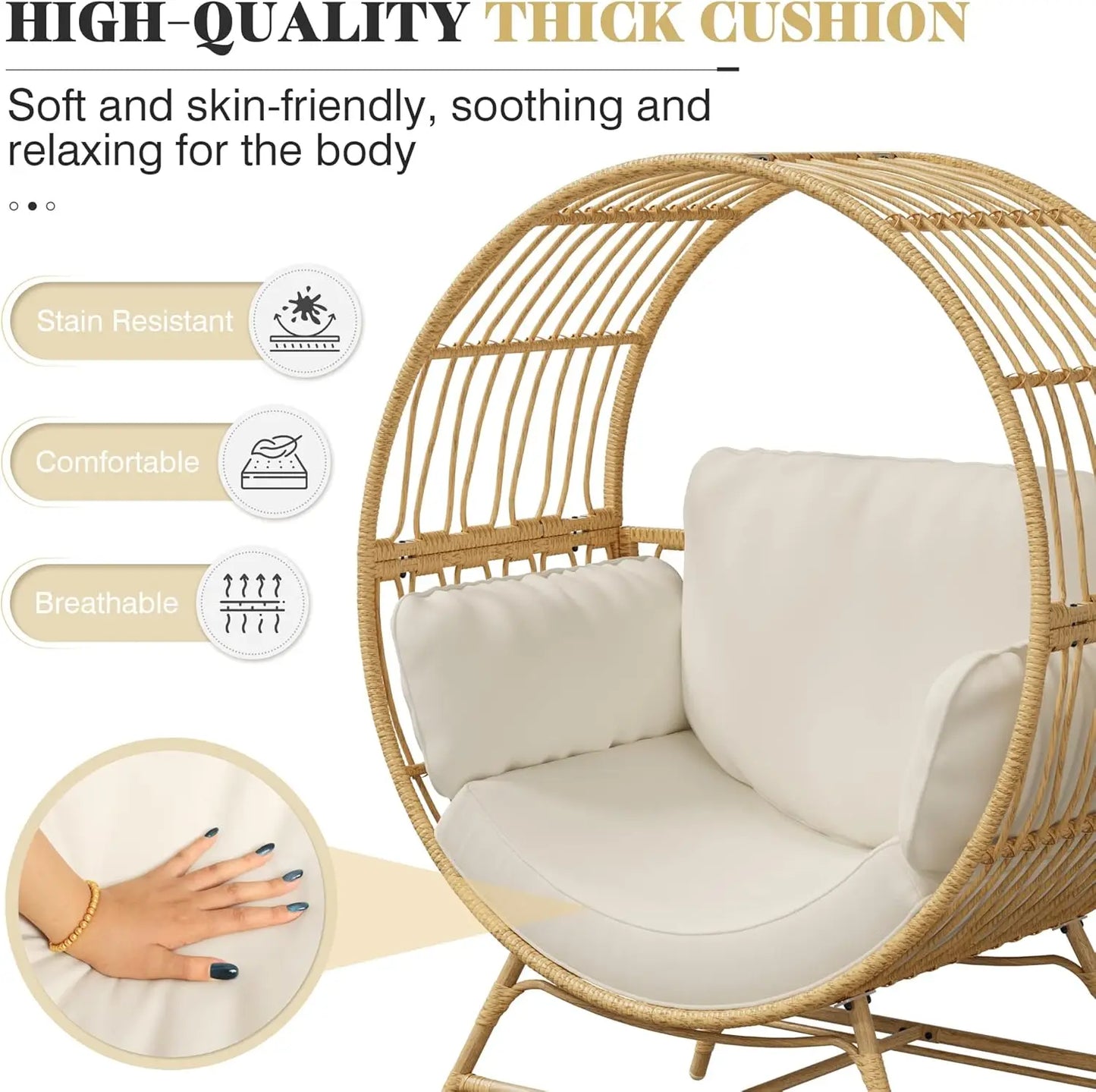 Oversized Egg Chair Indoor/Outdoor Rattan Hanging Basket Chair with Thickened Cushion Supports 350LBS  Wicker Patio Lounge Chair