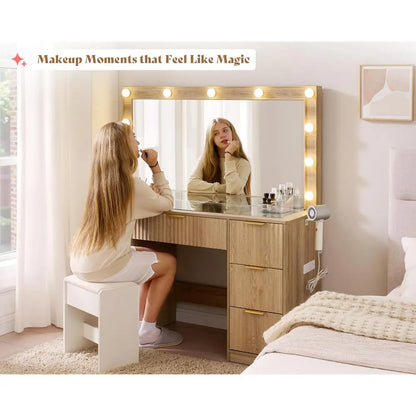 All in One 47.2in Fluted Vanity Desk with Large Mirror and Adjustable LED Lights