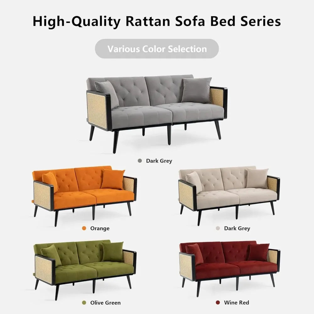 Velvet Loveseat Sofa with Rattan Armrests and 2 Pillows, Modern Convertible