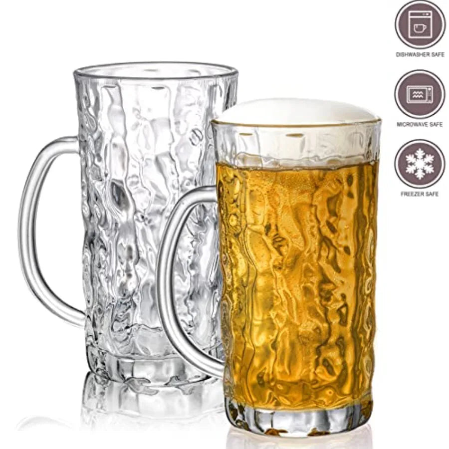 Set of 6 Large 18 Oz Glass Beer Mugs with Handle and Straw Solid Clear Drinking Glassware Designed for Freezer Use Ideal for Se