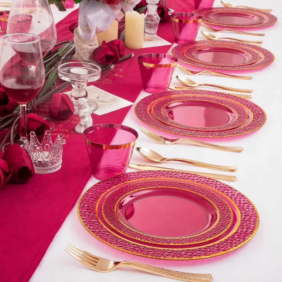 150 PCS-Red and Gold Disposable Plate Set