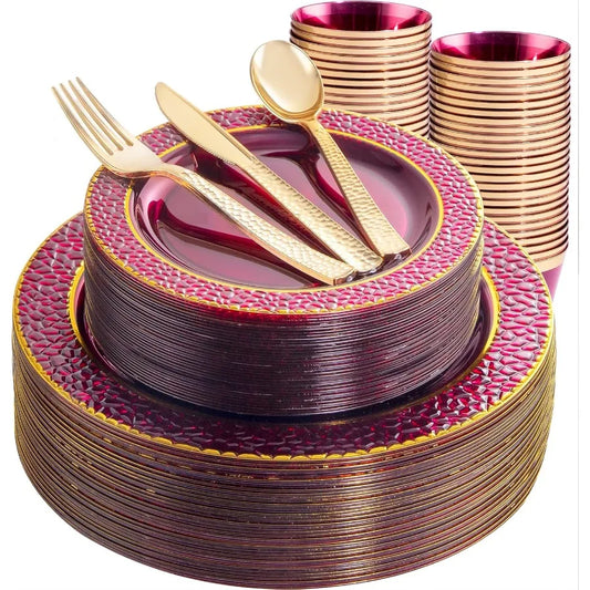 150 PCS-Red and Gold Disposable Plate Set