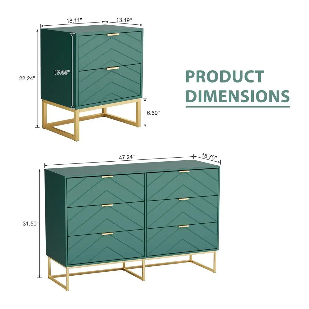 3 Pieces Bedroom Sets, 6 Drawer Dresser and Nightstand Sets for Bedroom, Night Stand Set of 2 amp 6 Drawer Dresser with Gold Ha