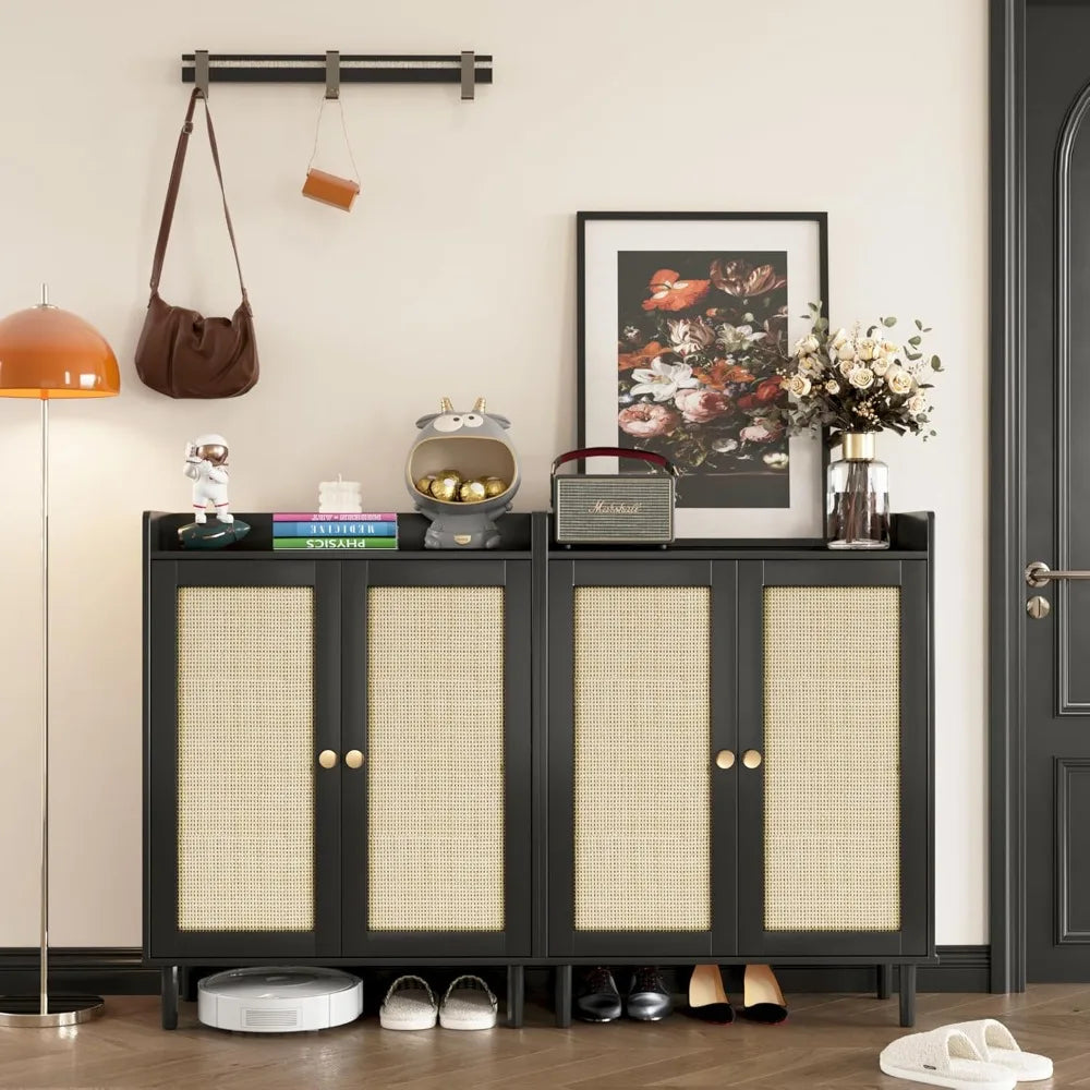 Farmhouse Rattan Shoe Cabinet