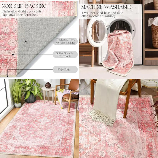 3x5ft Washable Bohemian Pink Area Rug for Girls