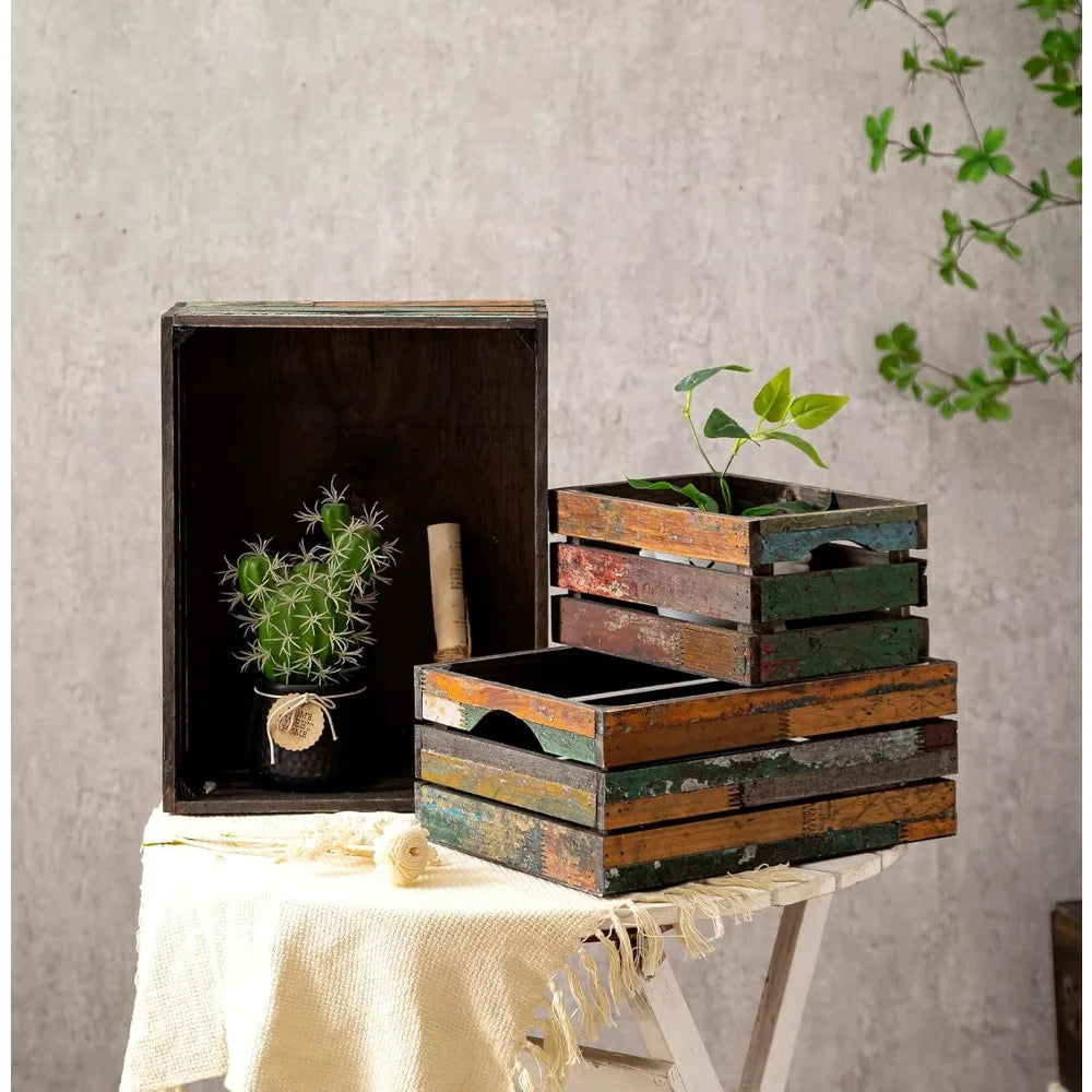 Set of 3 Rustic Distressed Wood Nesting Crates