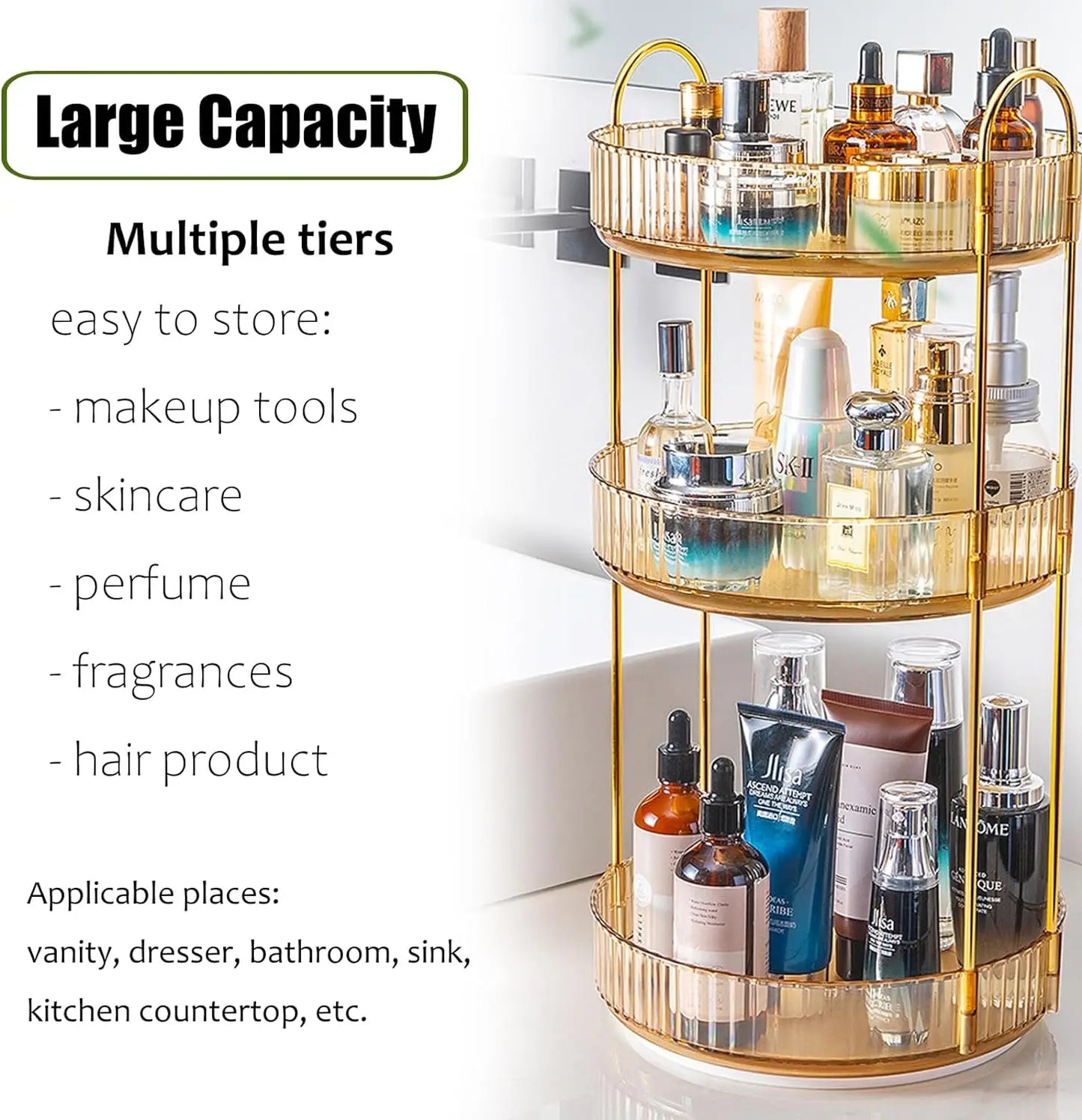 3 Tier Rotating Makeup Organizer for Vanity