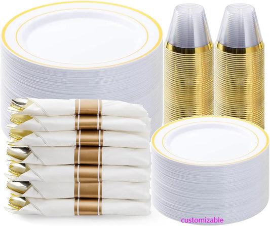 350PCS Gold Disposable Dinnerware Set