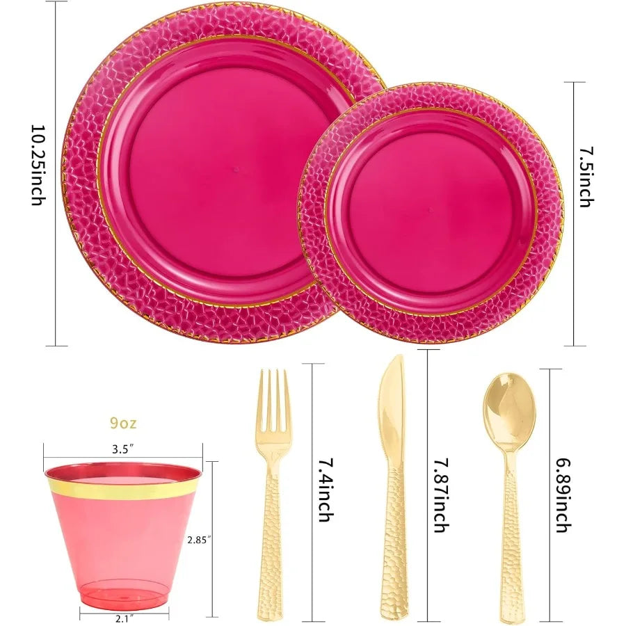 150 PCS-Red and Gold Disposable Plate Set