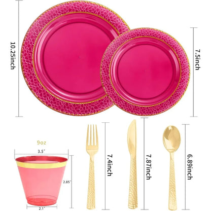 150 PCS-Red and Gold Disposable Plate Set