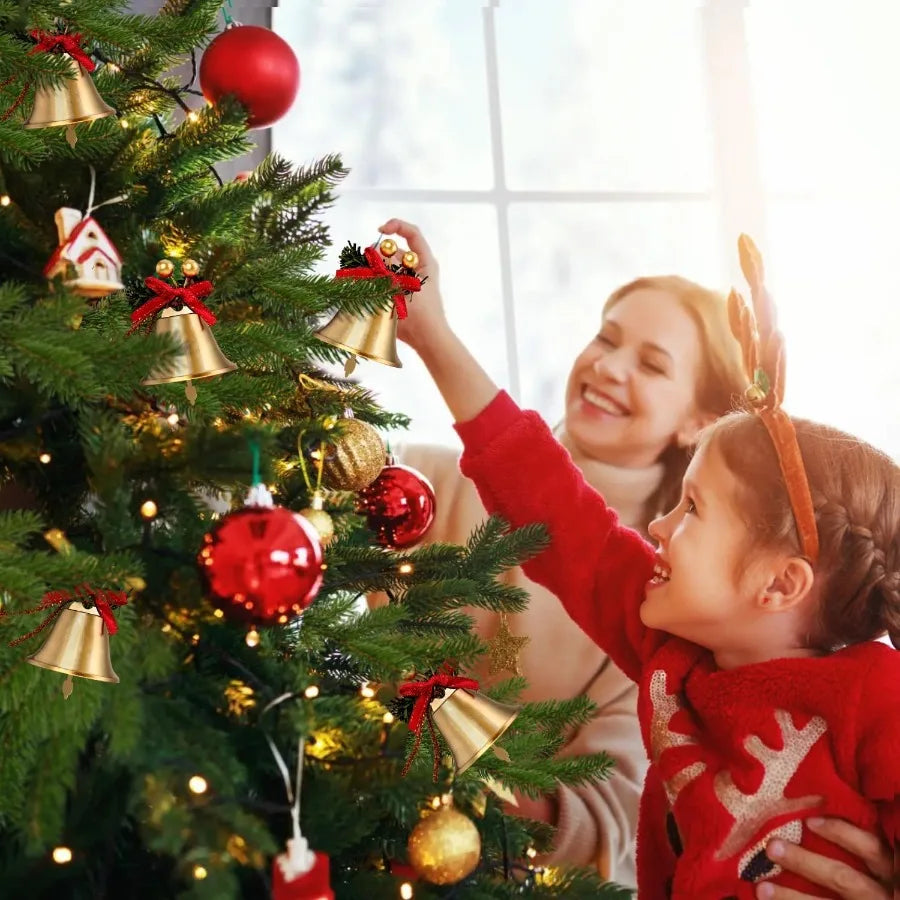 6pcs Gold Christmas Bells with Red Bow