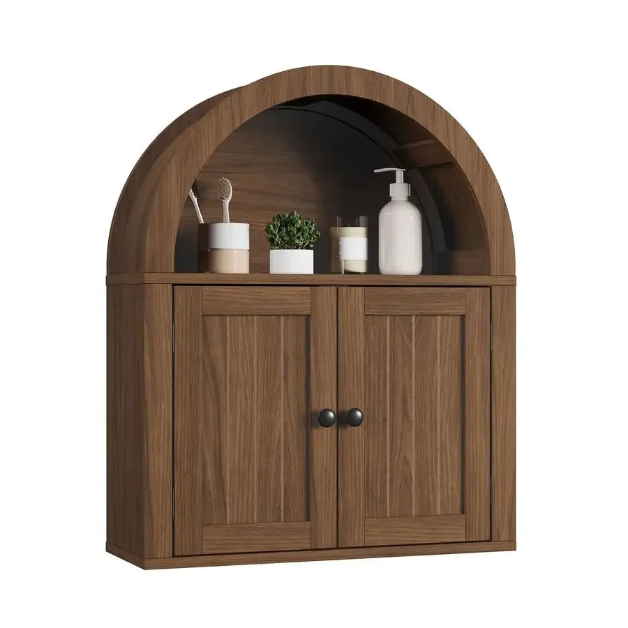 Arched Wall Cabinet, Bathroom Cabinet Wall Mount Over The Toilet with Display Shelf, Double Door Medicine Cabinet, Wooden Stora