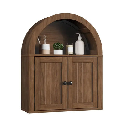 Arched Wall Cabinet, Bathroom Cabinet Wall Mount Over The Toilet with Display Shelf, Double Door Medicine Cabinet, Wooden Stora