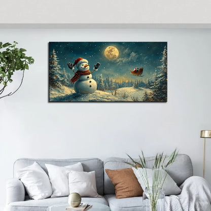 Modern Art Deco Snowmen and Sleigh Winter Scenery