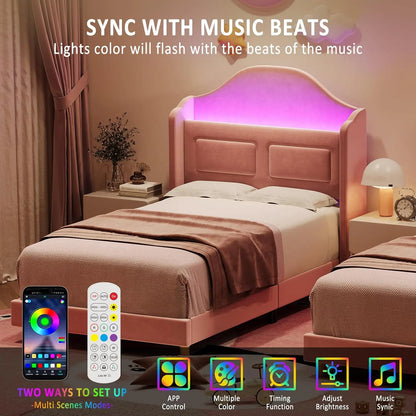 Velvet Platform Twin Bed Frame with LED Lights