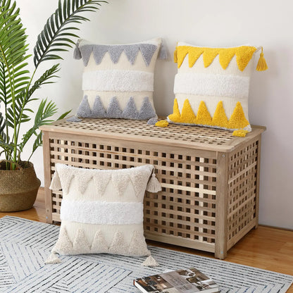 Bohemian Pillow Cover Beige with Fringe for Home Decoration