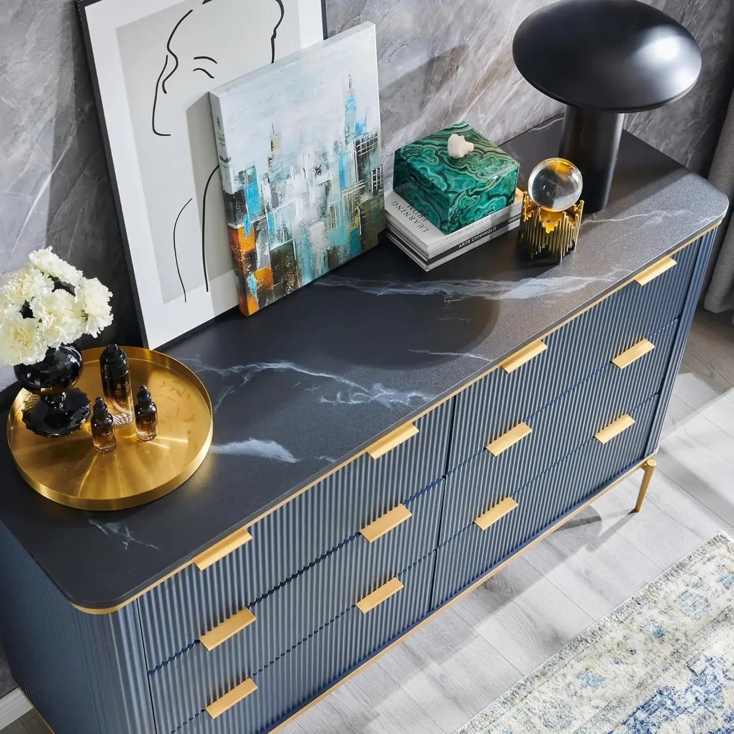 Modern Flute 6 Drawers Dresser with Gold Accents