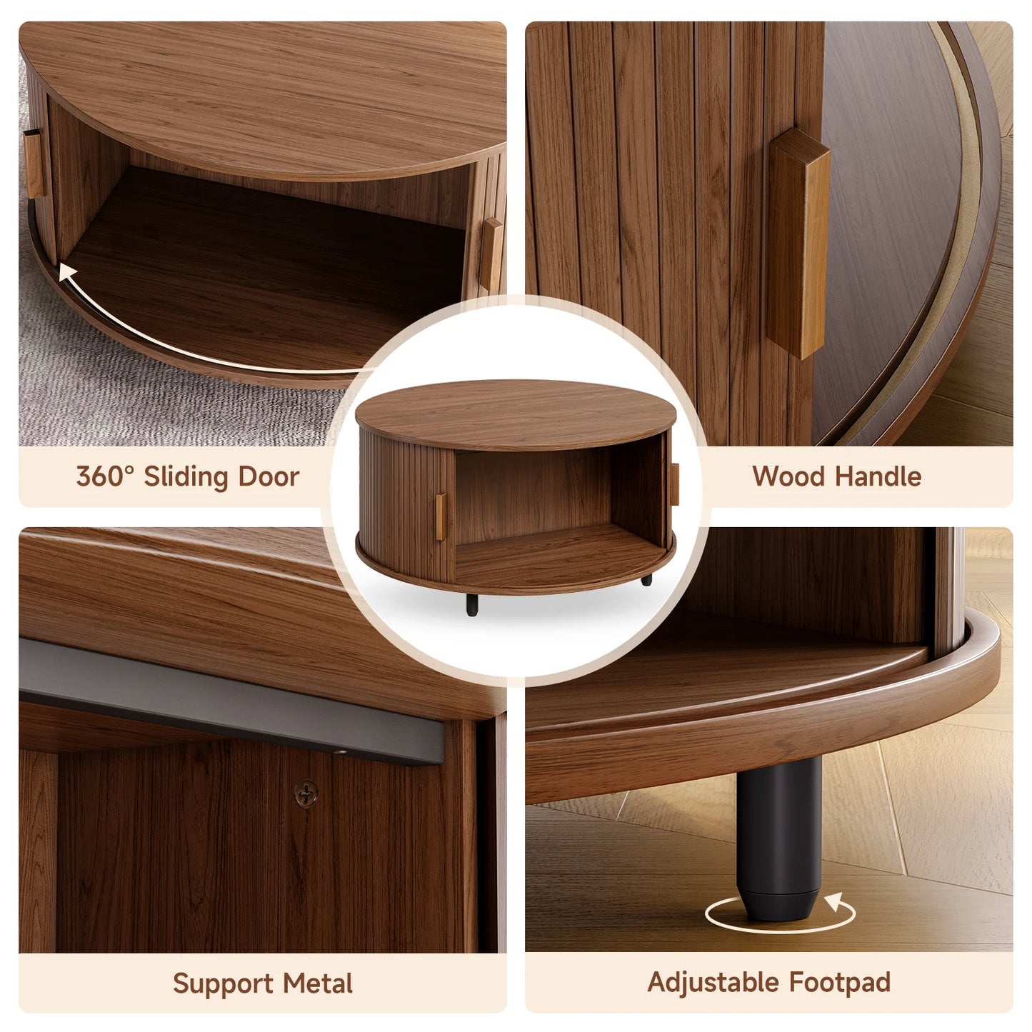 31.5" Modern Coffee Table with 360° Curved Sliding Door