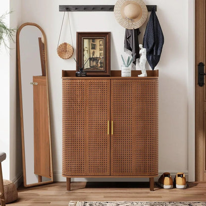 5 Tier Boho Rattan Wooden Shoe Organizer