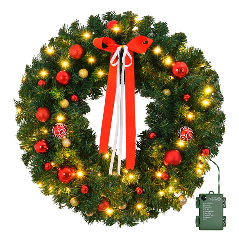 36-inch Lighted Christmas Wreath Artificial Xmas Wreath with 80 Warm Lights and 270 PVC Tips and 18 DIY Ornaments