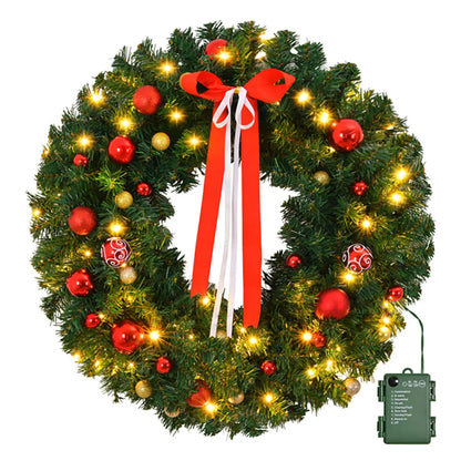 36-inch Lighted Christmas Wreath Artificial Xmas Wreath with 80 Warm Lights and 270 PVC Tips and 18 DIY Ornaments