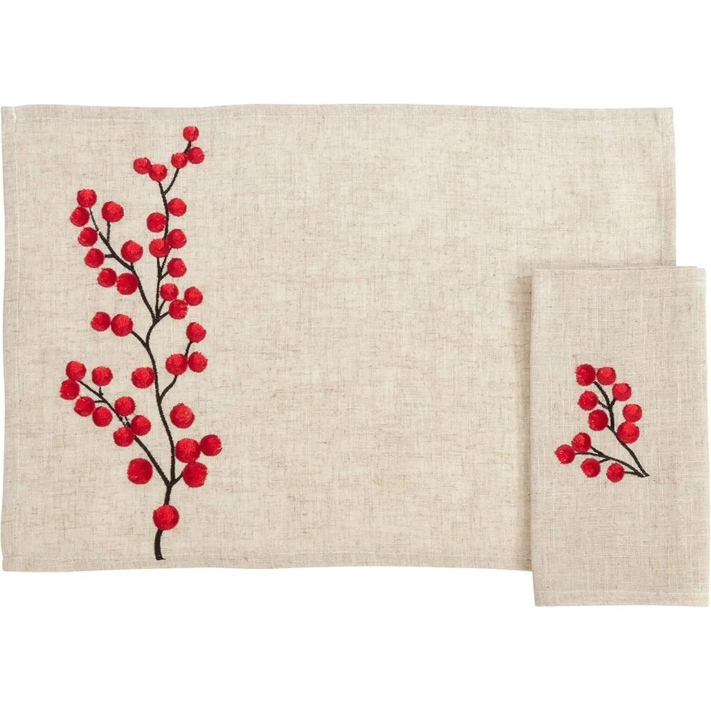 Embroidered Berry Design Placemat and Napkin set for 8