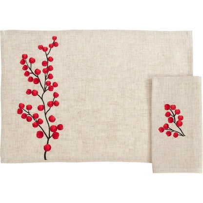 Embroidered Berry Design Placemat and Napkin set for 8