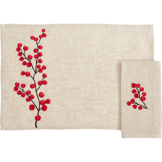Embroidered Berry Design Placemat and Napkin set for 8