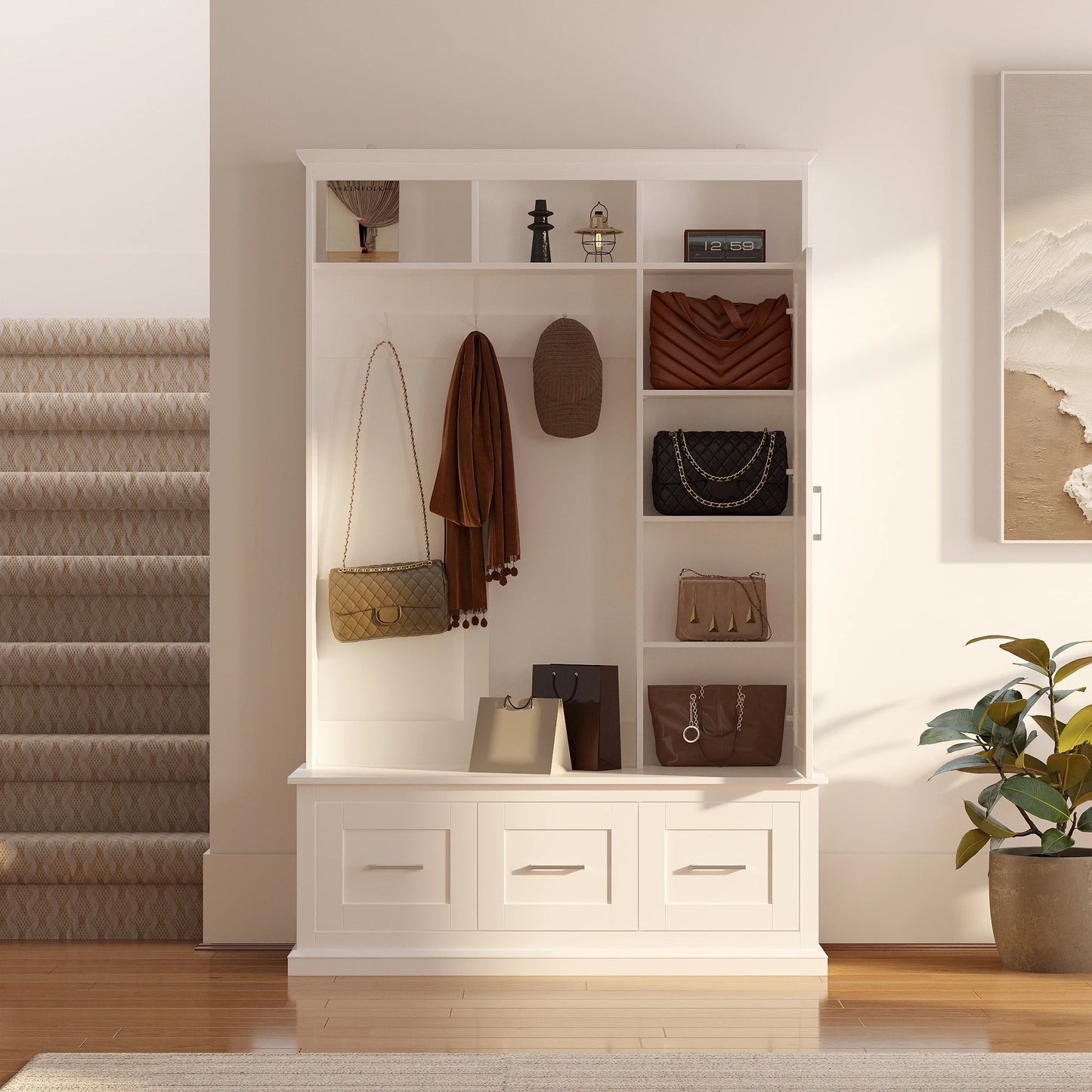 Modern 5-in-1 Hall Tree with Shoe Bench & Mirror Door