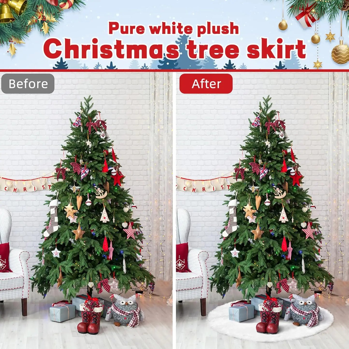 36inch White Plush Christmas Tree Skirt-6 Pieces