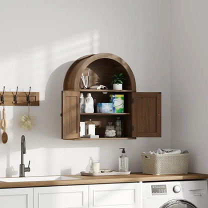 Arched Wall Cabinet, Bathroom Cabinet Wall Mount Over The Toilet with Display Shelf, Double Door Medicine Cabinet, Wooden Stora